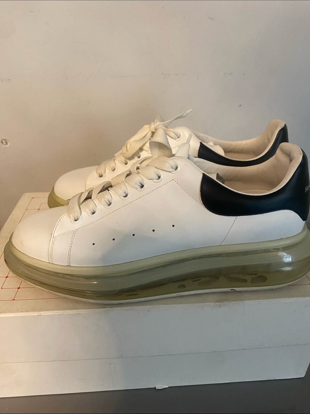 Alexander McQueen White Leather Sneakers with Black Heel and Translucent Sole